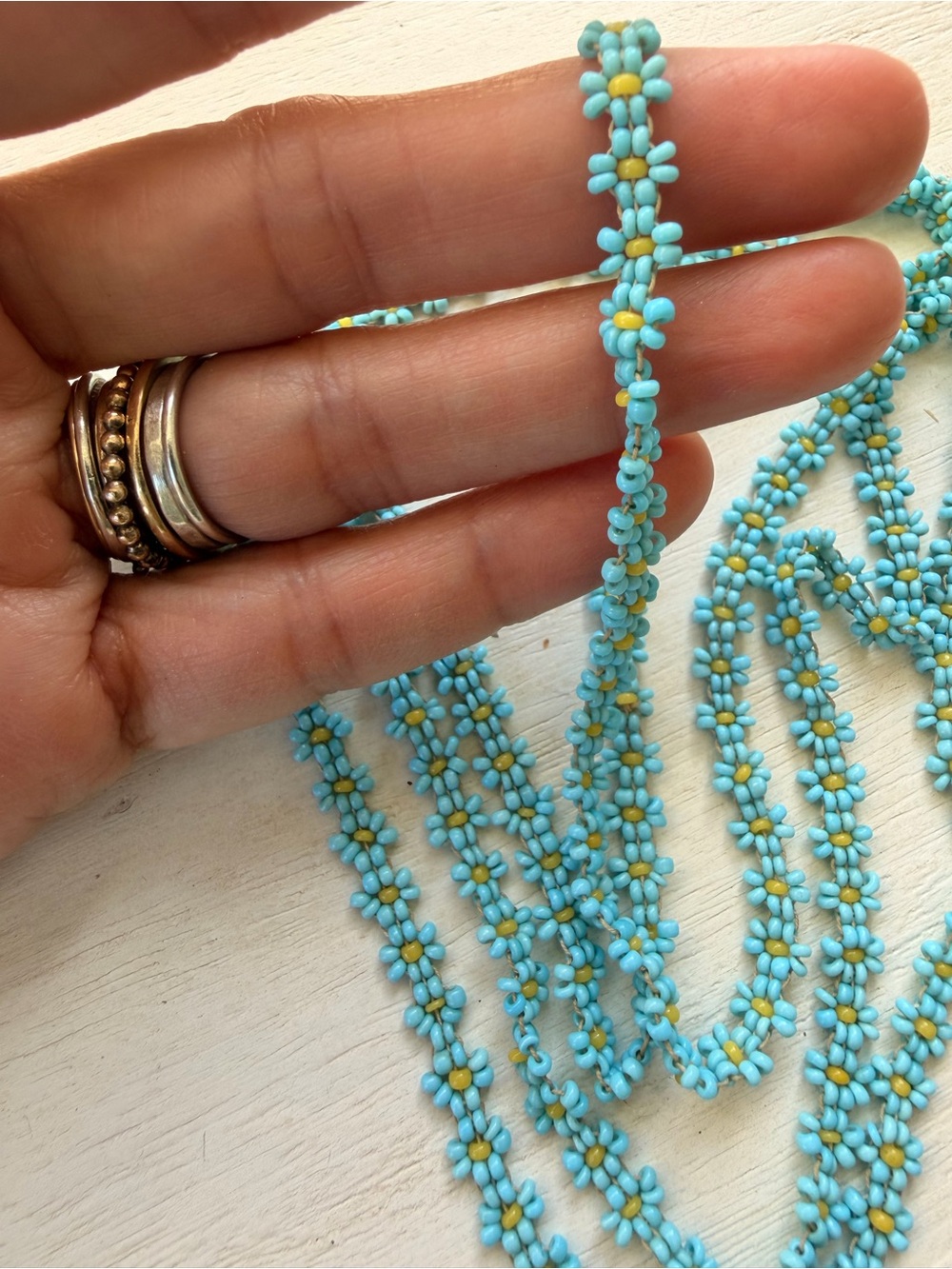 Handmade Blue Daisy Beaded 1960s love beads Necklace -Vintage